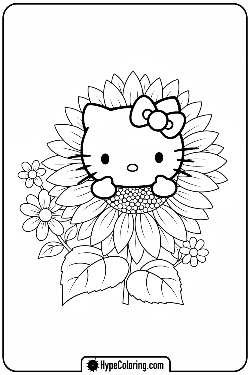 hello-kitty-behind-sunflower - hello kitty coloring pages printable