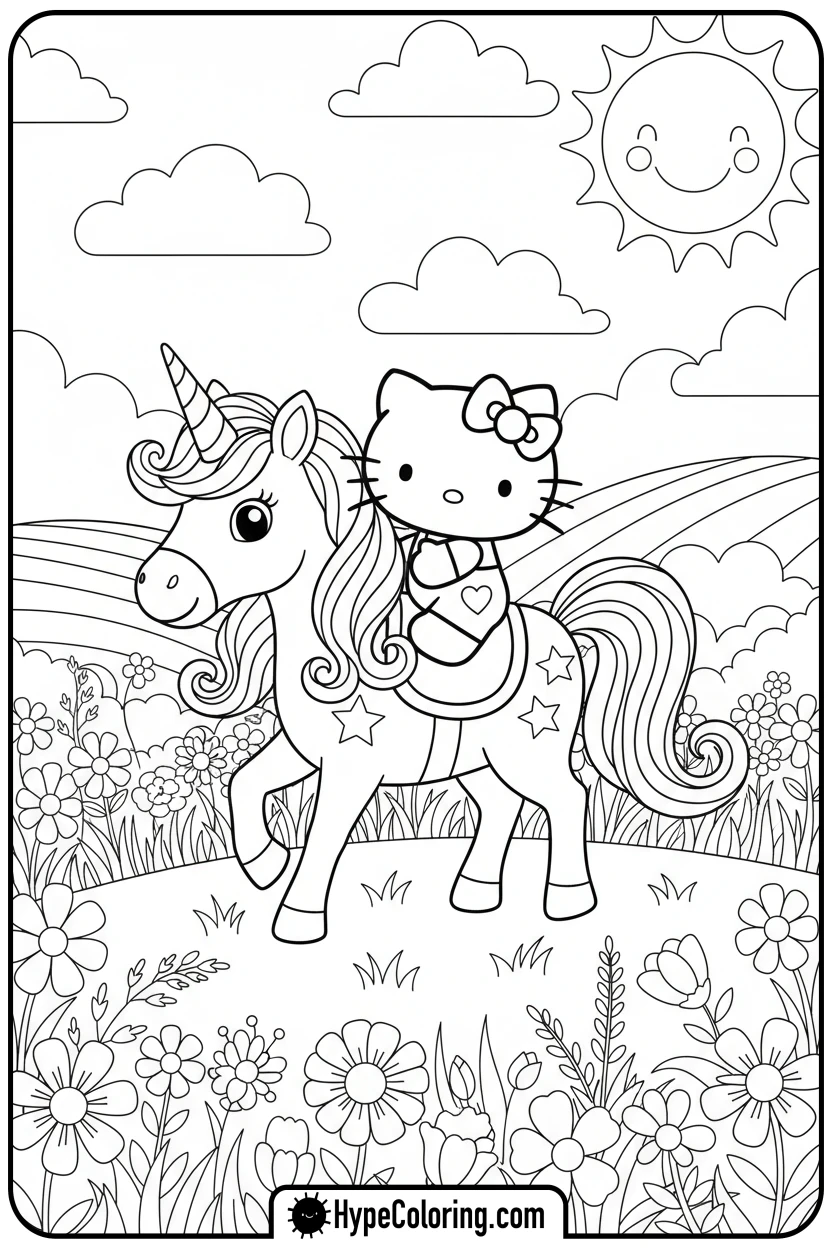 hello-kitty-riding-unicorn - hello kitty coloring pages printable