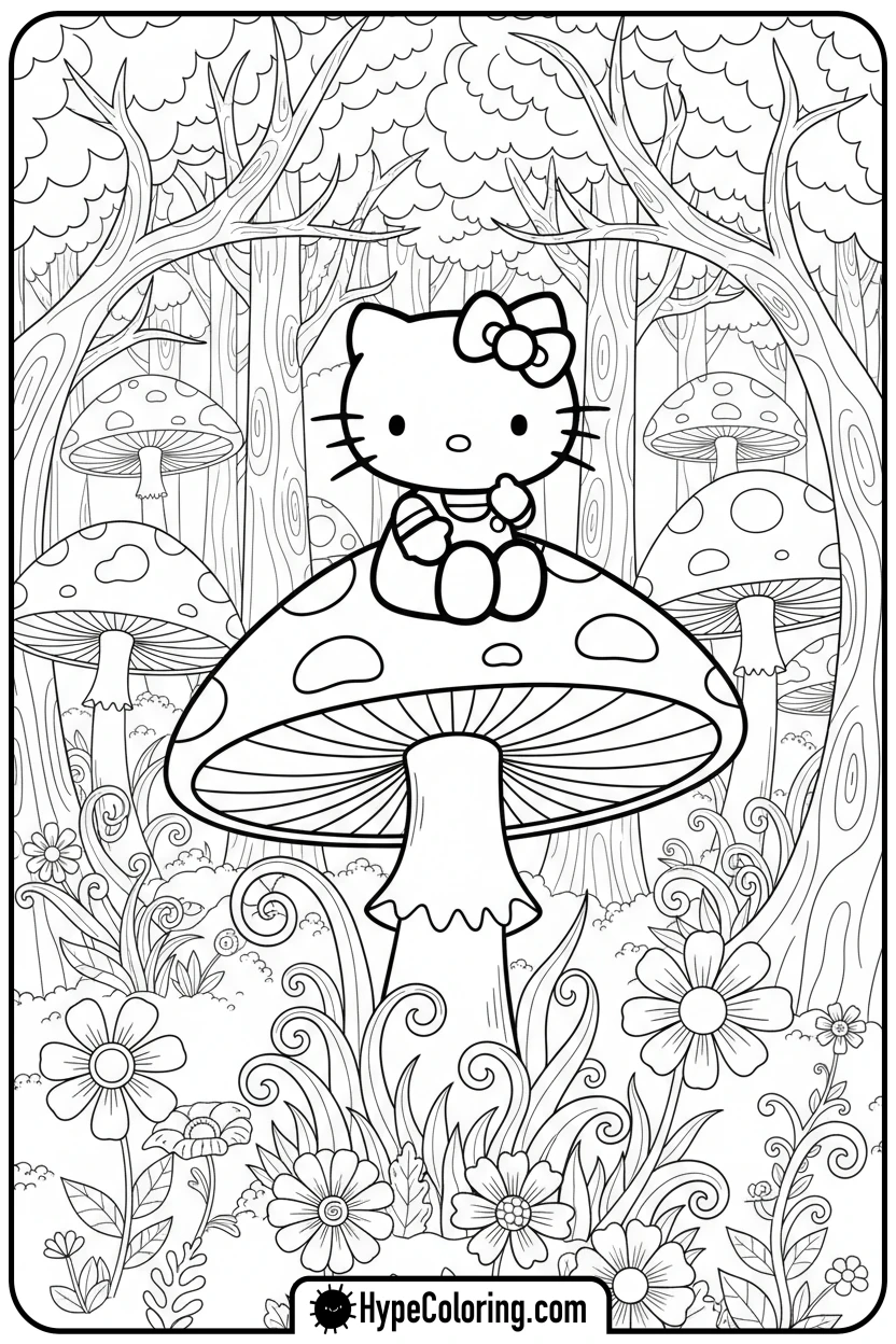 hello-kitty-on-mushroom - hello kitty coloring pages printable