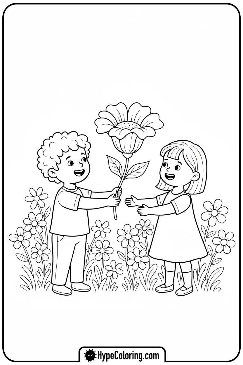 child-offering-flower-to-friend - inspirational coloring pages