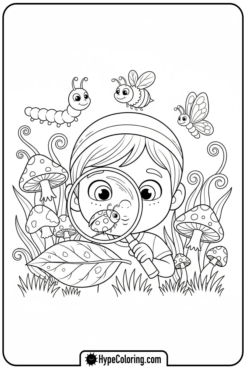 child-observing-ladybug-with-magnifier - inspirational coloring pages
