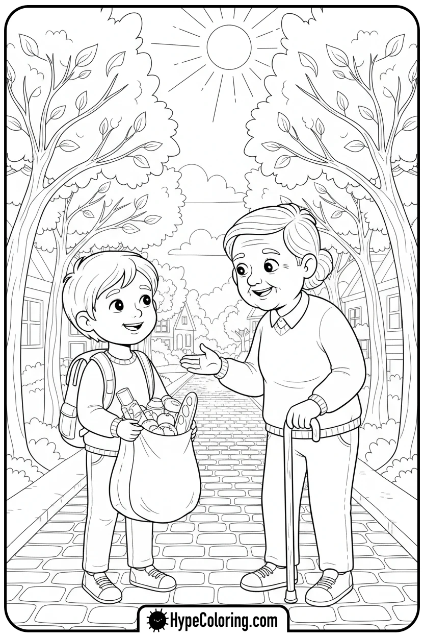 child-helping-elderly-with-groceries - inspirational coloring pages
