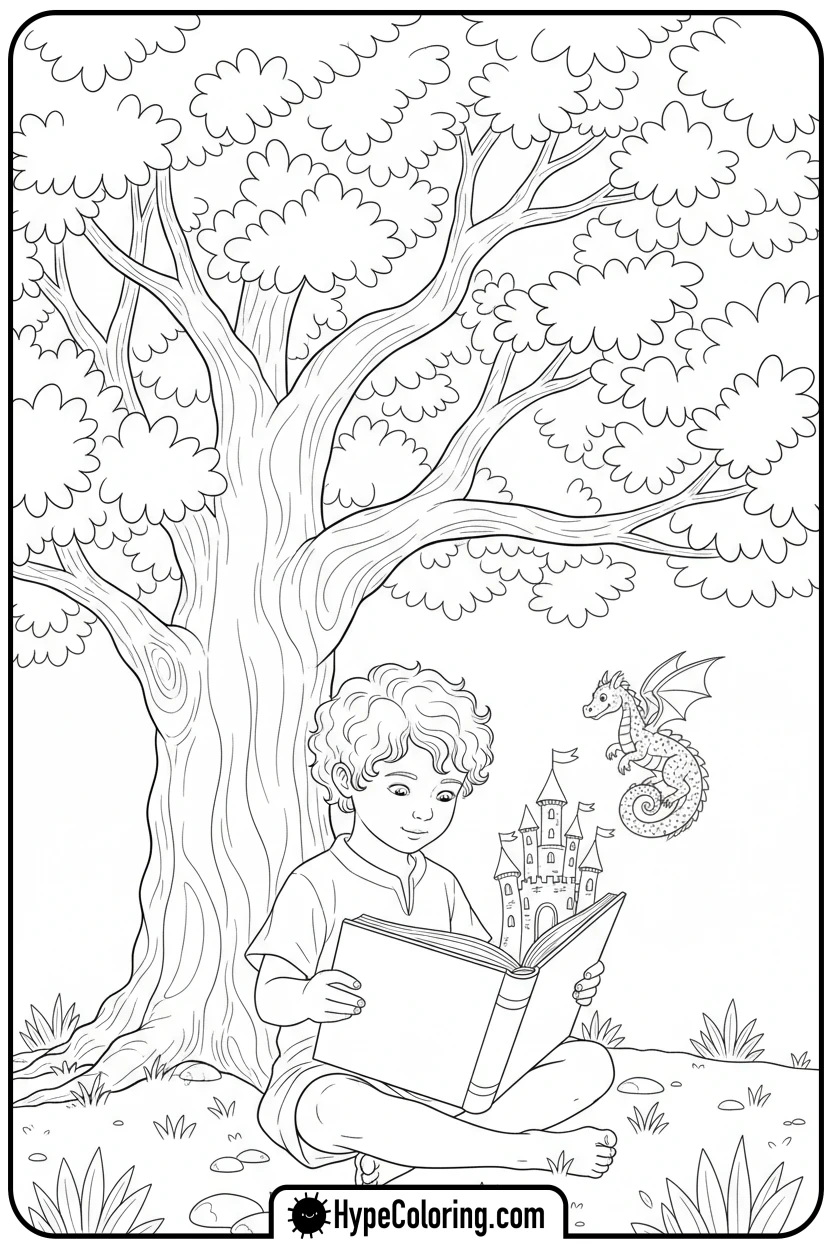 child-reading-under-tree-with-imagination - inspirational coloring pages