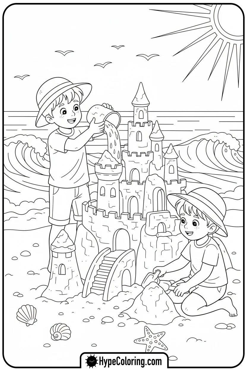 children-building-sandcastle-together - inspirational coloring pages