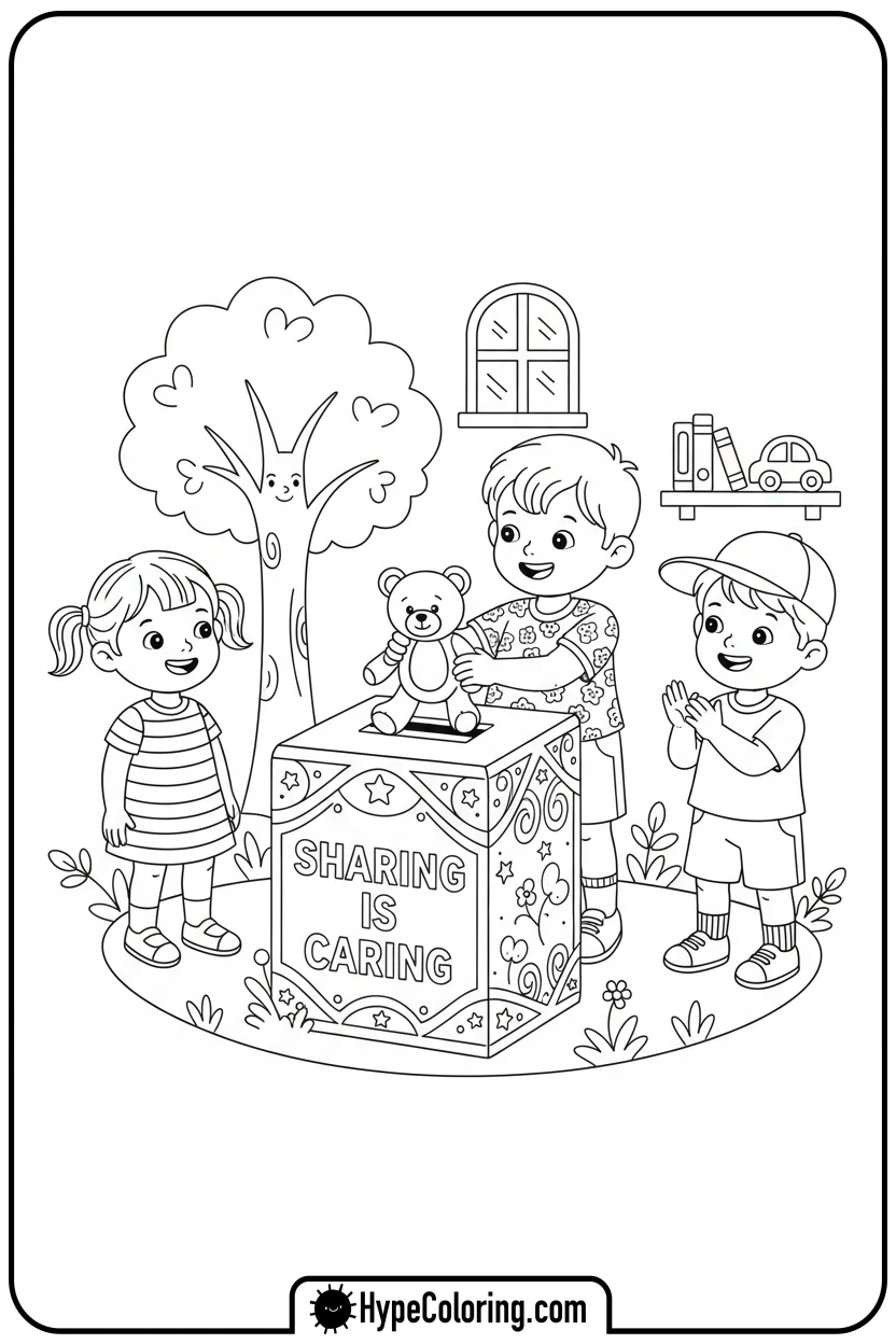 child-donating-toy-to-box - inspirational coloring pages
