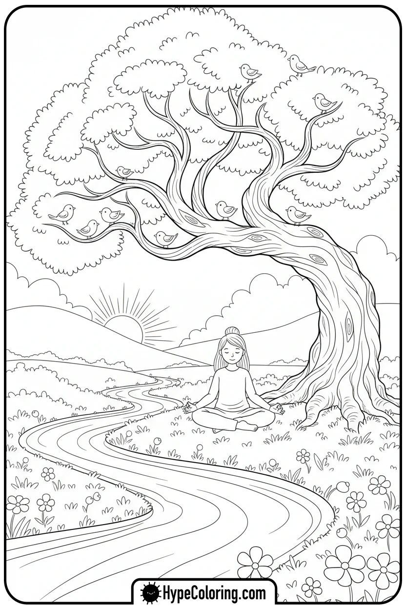 child-meditating-under-tree - inspirational coloring pages