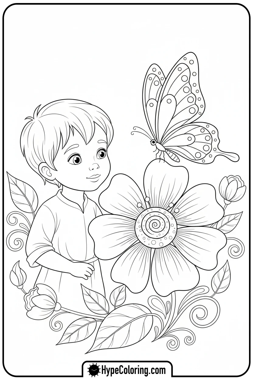 child-observing-butterfly-on-flower - inspirational coloring pages