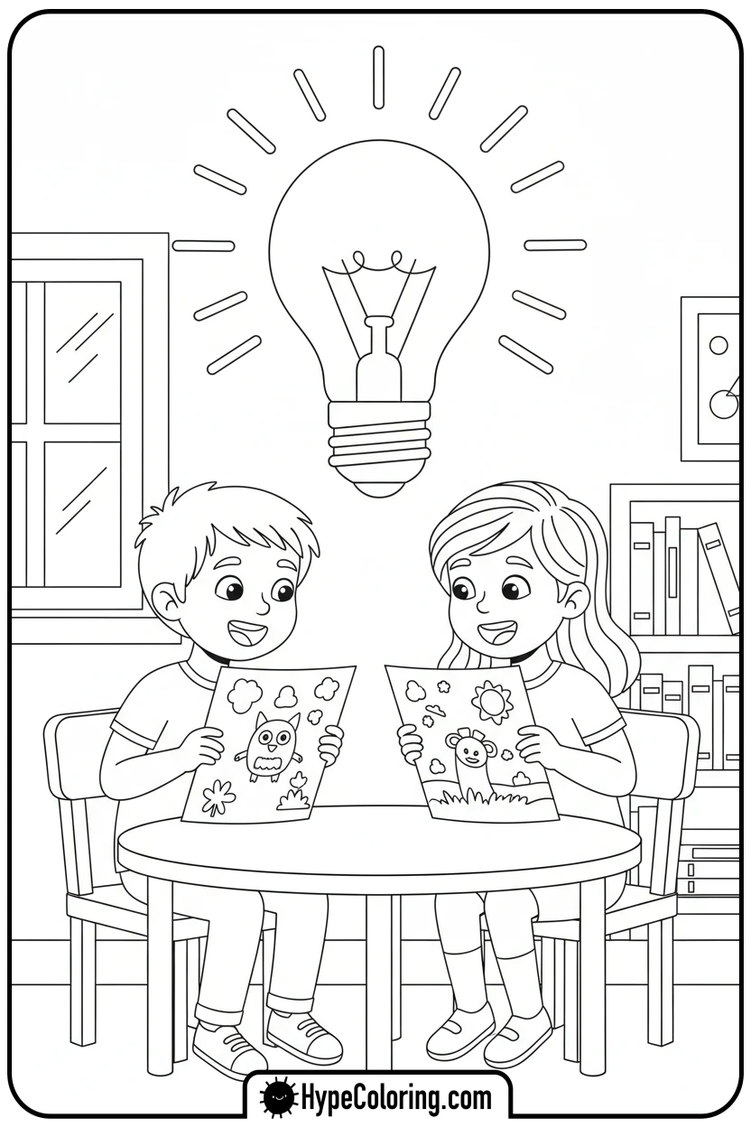 children-sharing-ideas-with-lightbulb - inspirational coloring pages