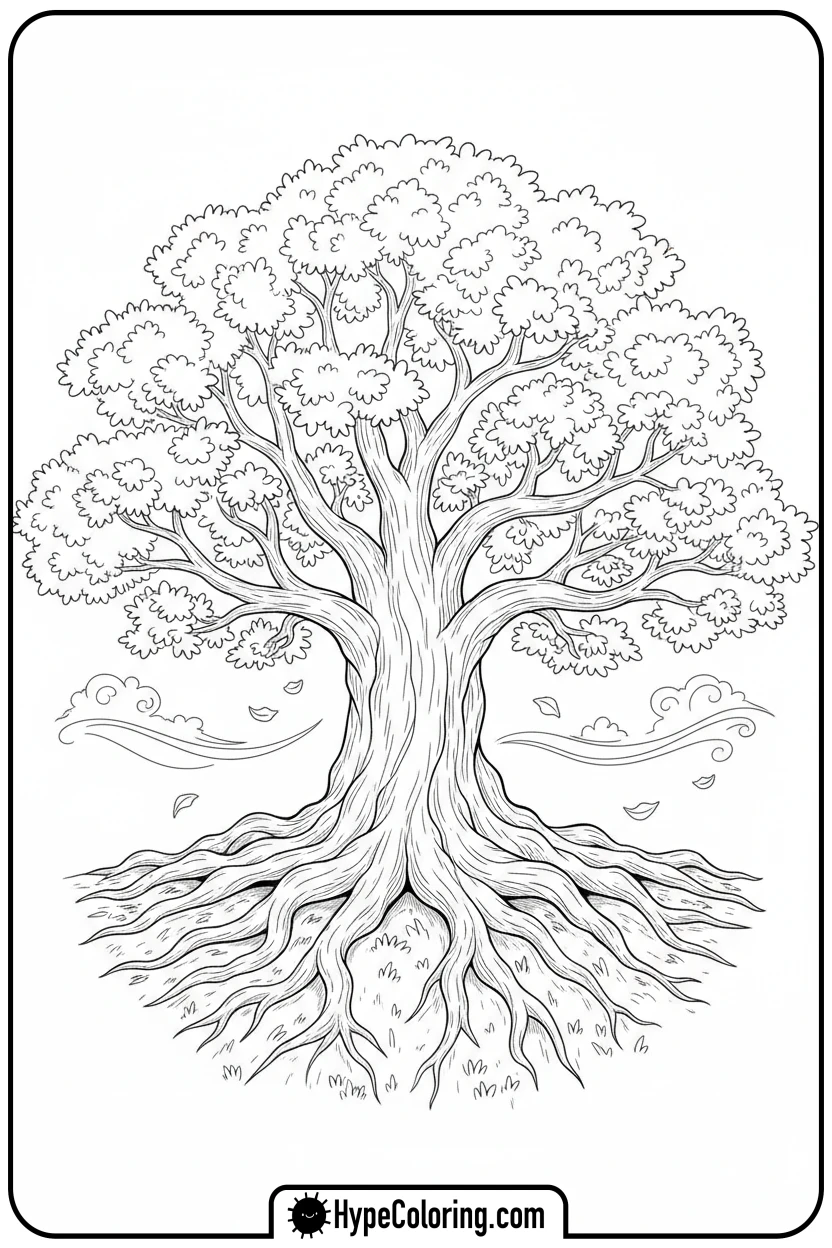 strong-oak-tree-with-deep-roots - inspirational coloring pages