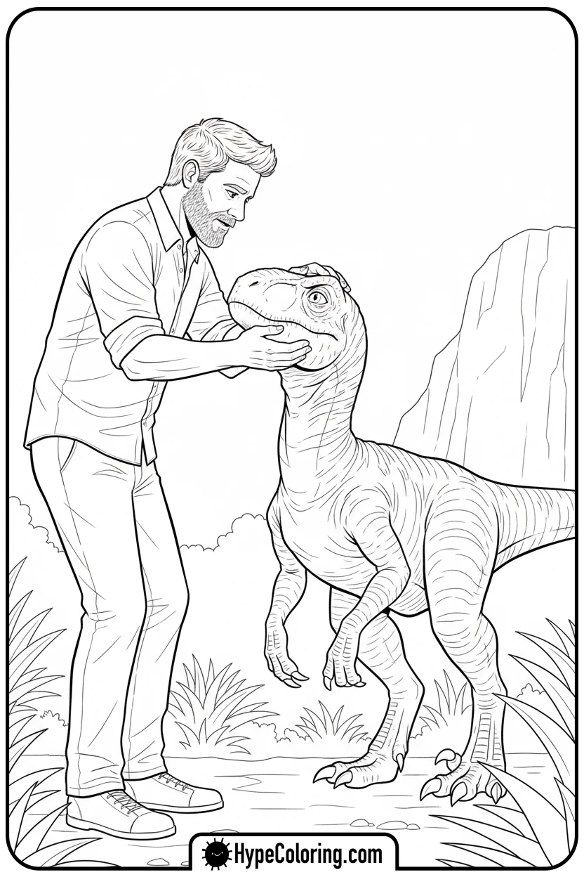 owen-petting-blue-the-raptor - jurassic world coloring pages