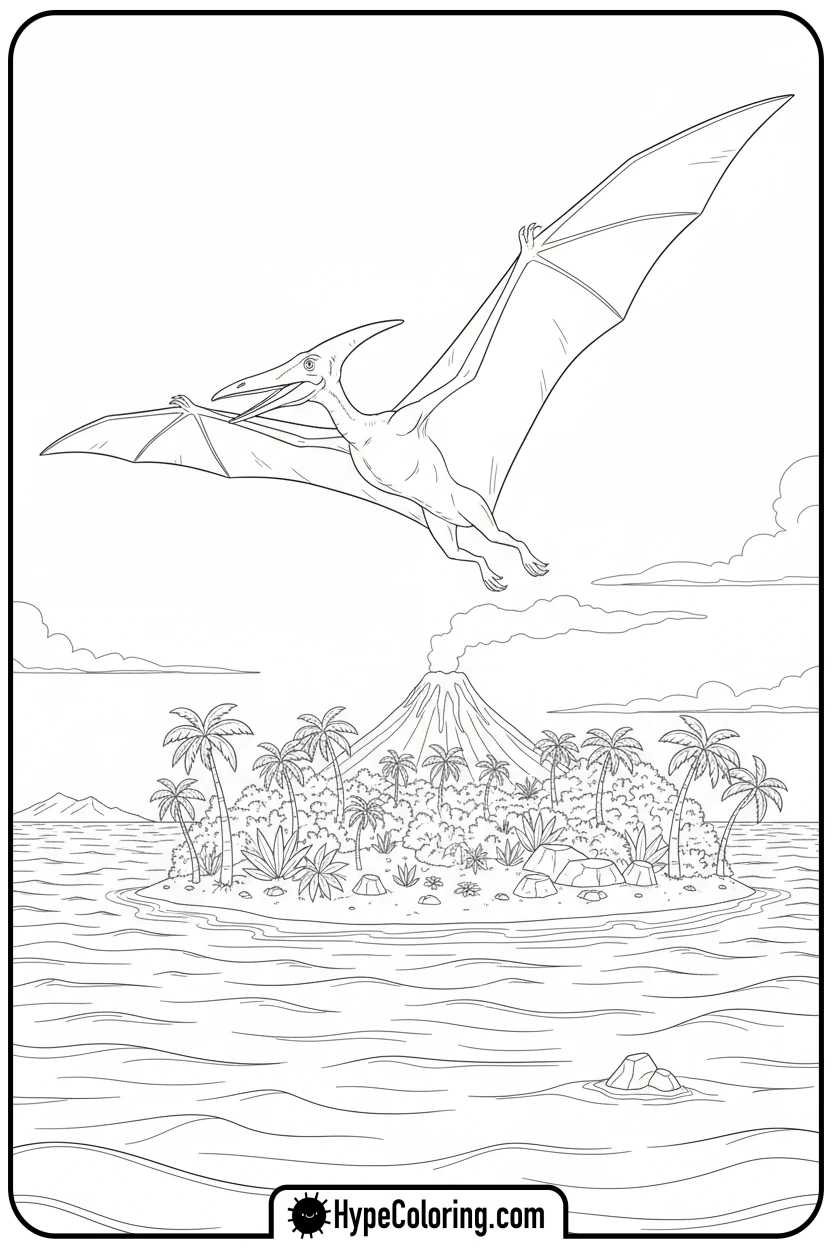 pteranodon-flying-over-island - jurassic world coloring pages
