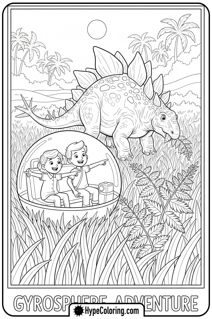 kids-in-gyrosphere-seeing-stegosaurus - jurassic world coloring pages