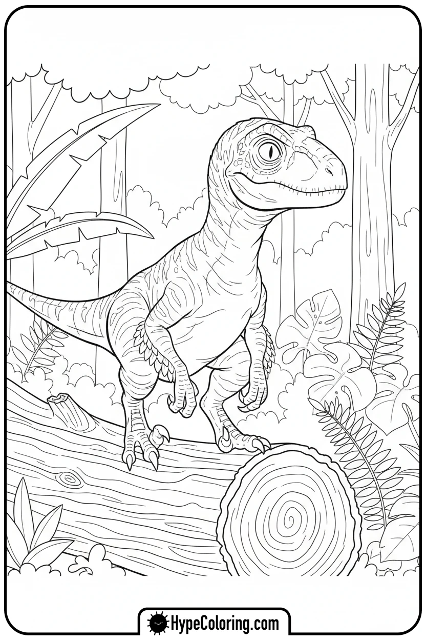 blue-raptor-on-log - jurassic world coloring pages