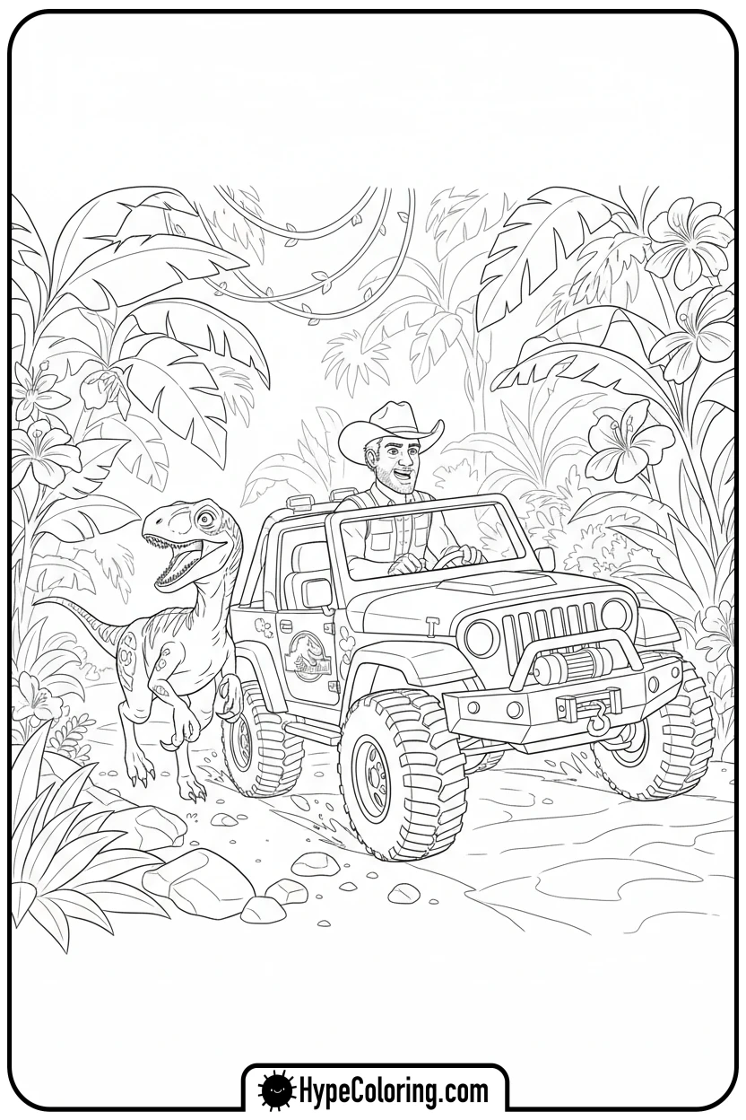 owen-driving-jeep-with-blue - jurassic world coloring pages