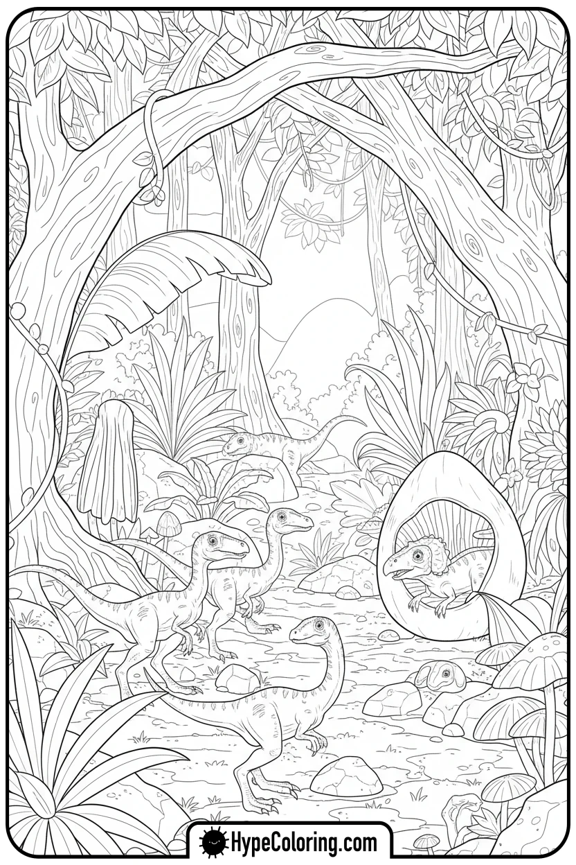 small-dinosaurs-playing-in-jungle - jurassic world coloring pages