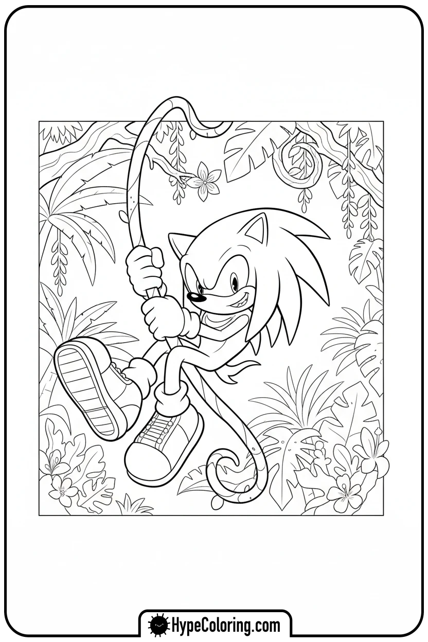 knuckles-swinging-on-vine - knuckles coloring page