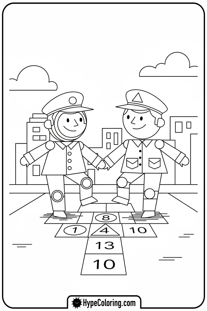 red-guards-playing-hopscotch - squid game coloring pages