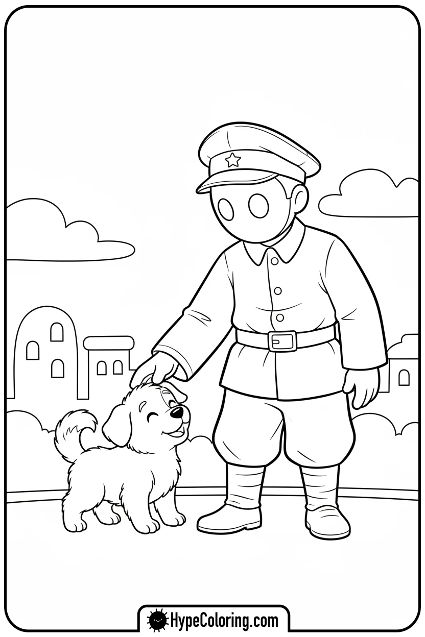 red-guard-petting-puppy - squid game coloring pages