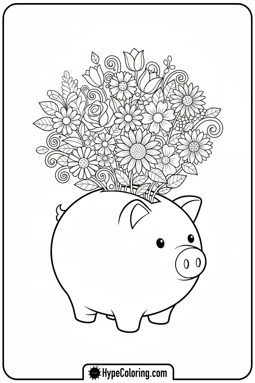 piggy-bank-full-of-flowers - squid game coloring pages