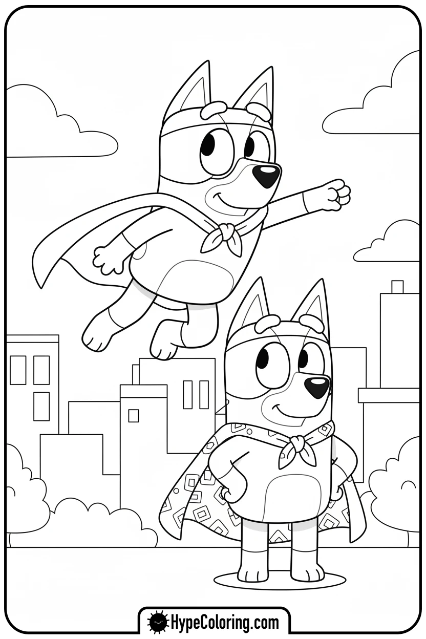 bluey-and-bingo-superheroes - bluey and bingo coloring pages