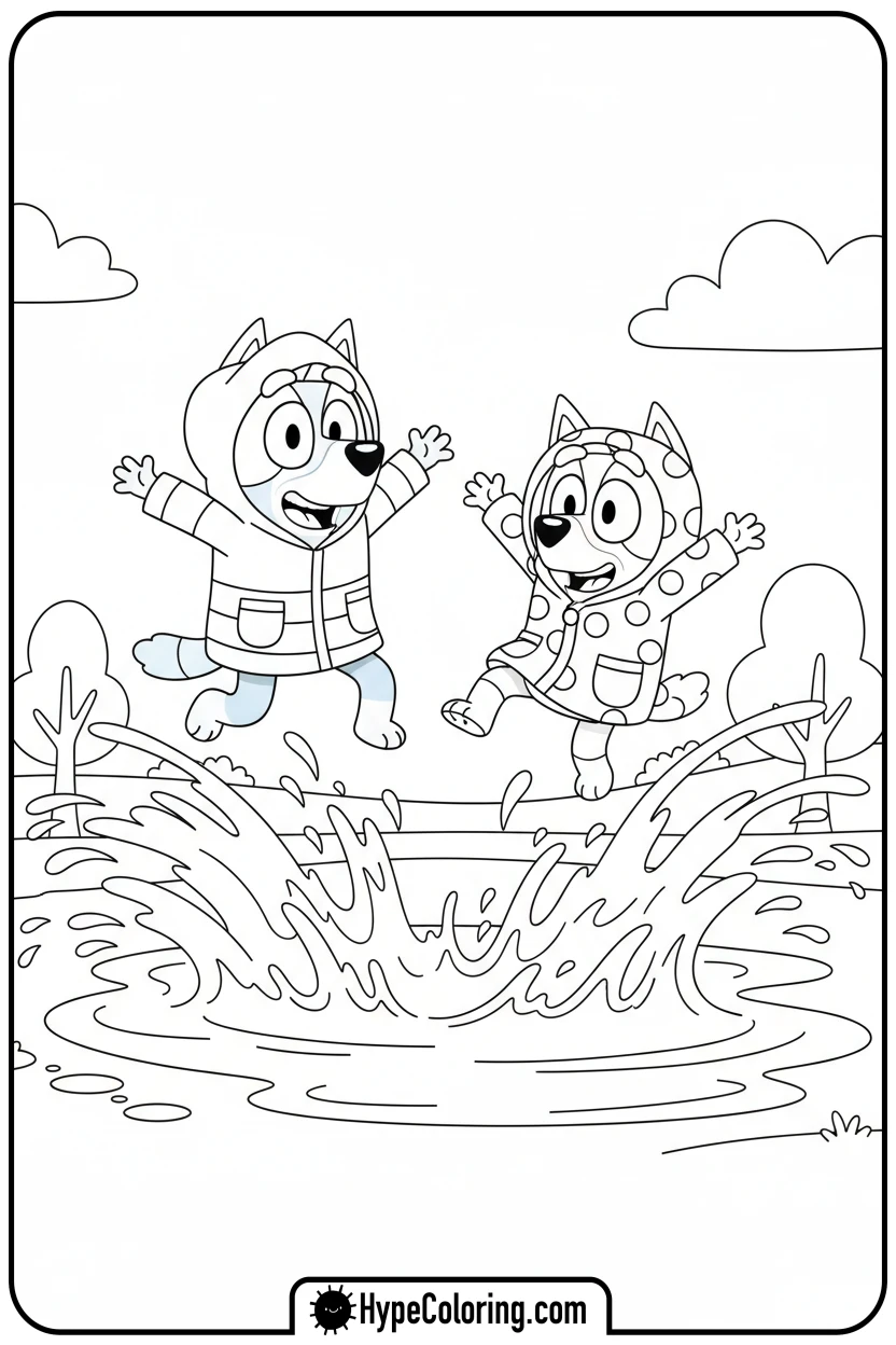 bluey-and-bingo-splashing-in-puddles - bluey and bingo coloring pages
