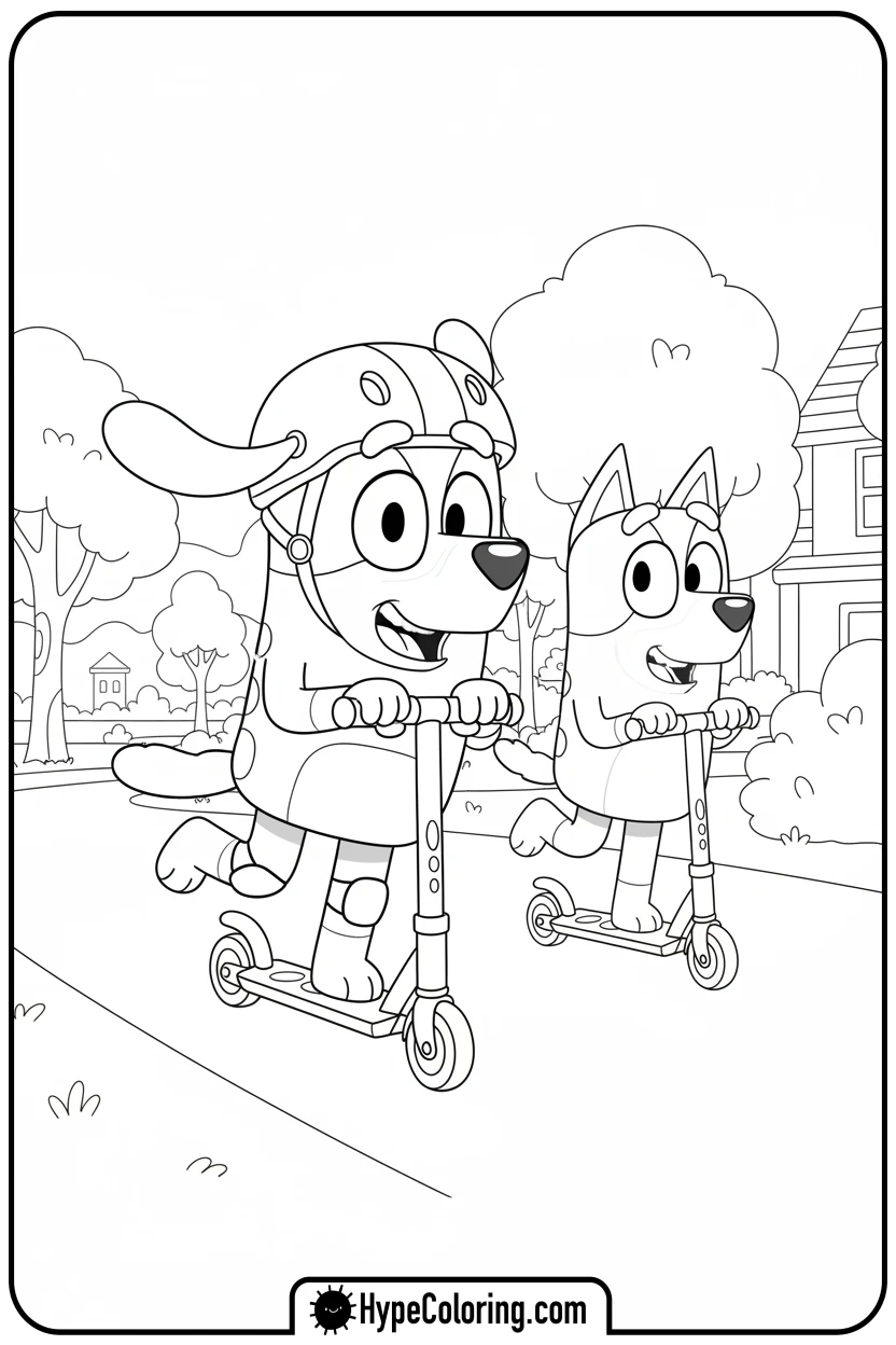 bluey-and-bingo-on-scooters - bluey and bingo coloring pages