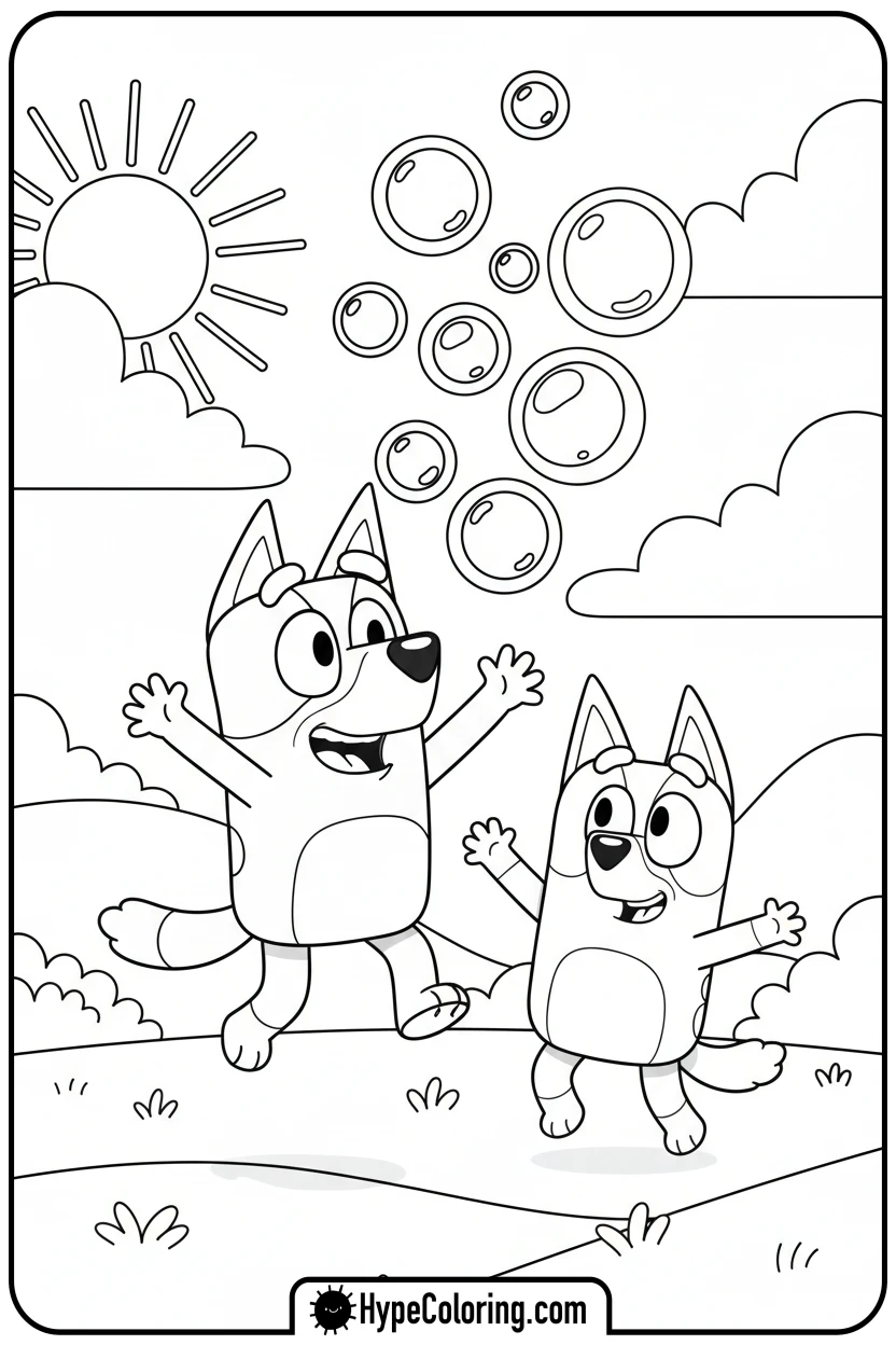 bluey-and-bingo-chasing-bubbles - bluey and bingo coloring pages