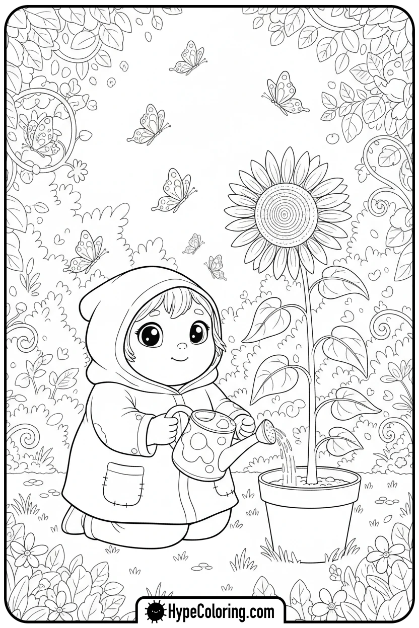 Click to download PDF character-watering-a-sunflower - bobbie goods coloring page
