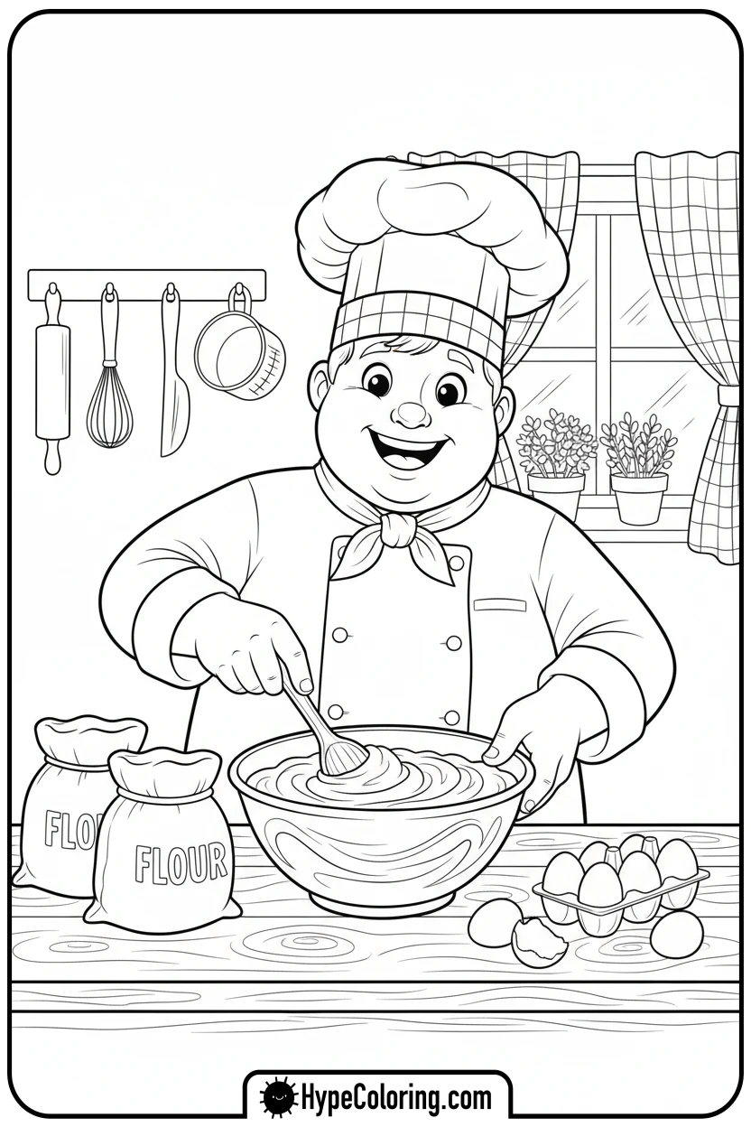Click to download PDF character-baking-in-a-kitchen - bobbie goods coloring page