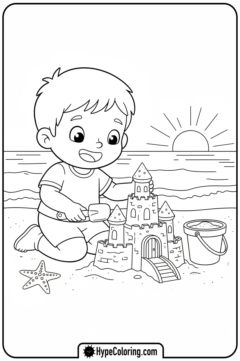 Click to download PDF character-building-a-sandcastle - bobbie goods coloring page