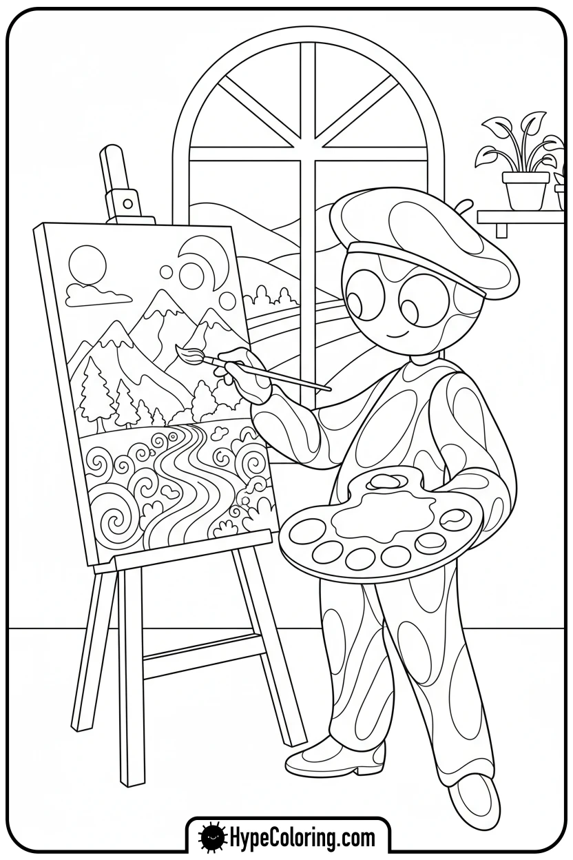 Click to download PDF character-painting-on-an-easel - bobbie goods coloring page