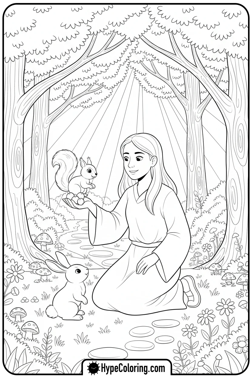 Click to download PDF character-feeding-forest-animals - bobbie goods coloring page
