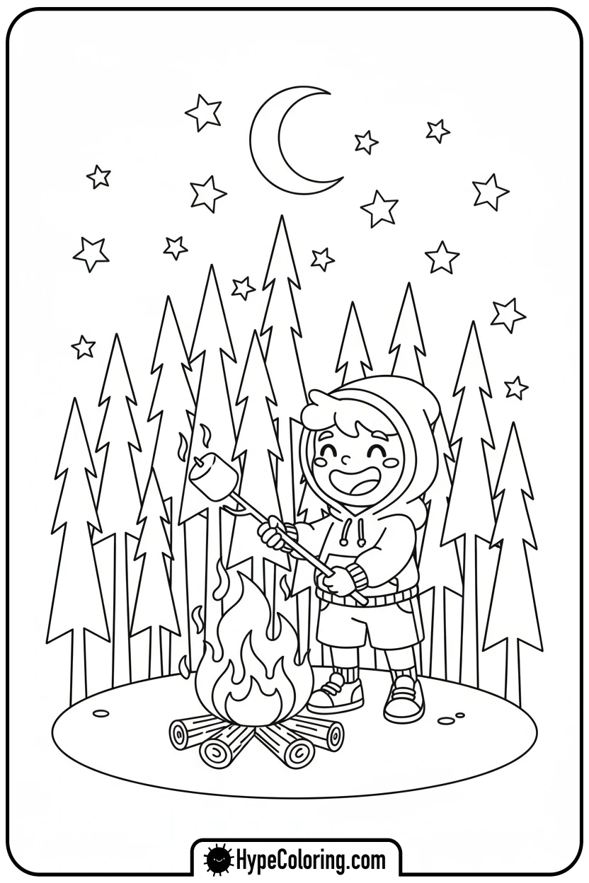 Click to download PDF character-roasting-marshmallows - bobbie goods coloring page
