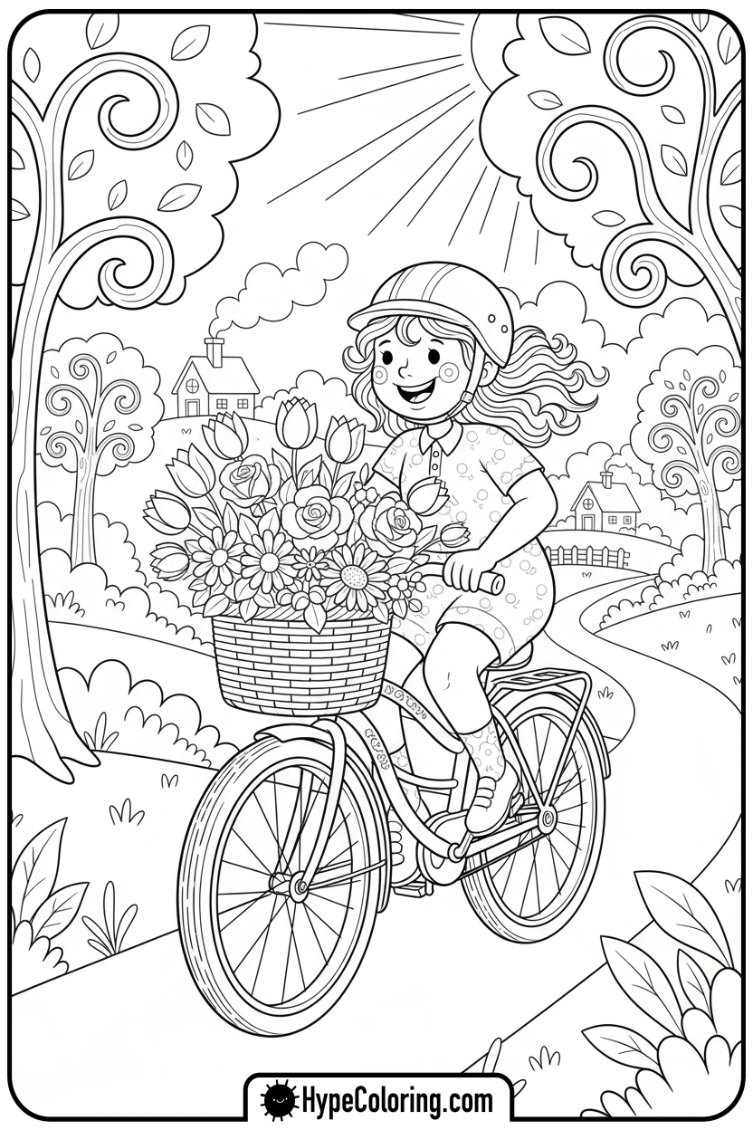 Click to download PDF character-riding-a-bicycle-with-flowers - bobbie goods coloring page