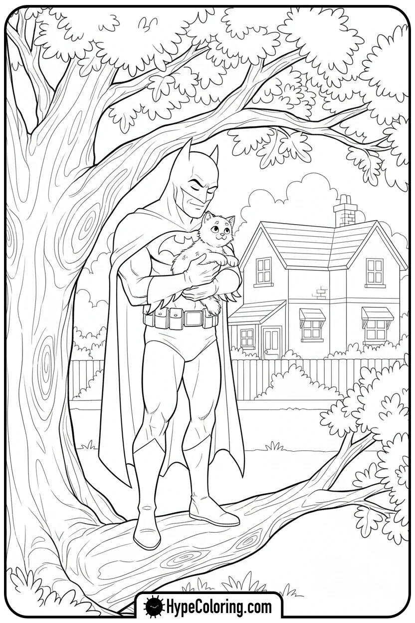 Click to download PDF batman-rescuing-a-cat-from-a-tree - coloring batman pages