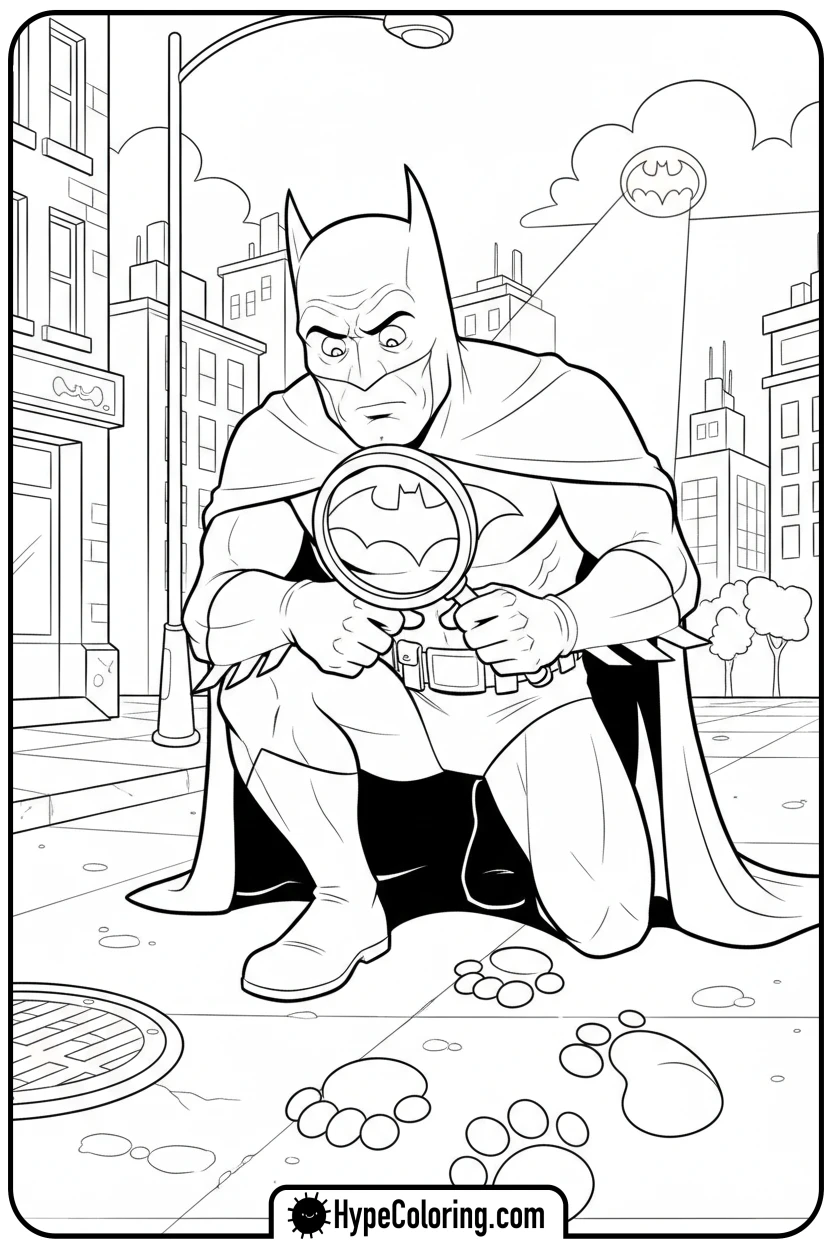 Click to download PDF batman-examining-footprints - coloring batman pages