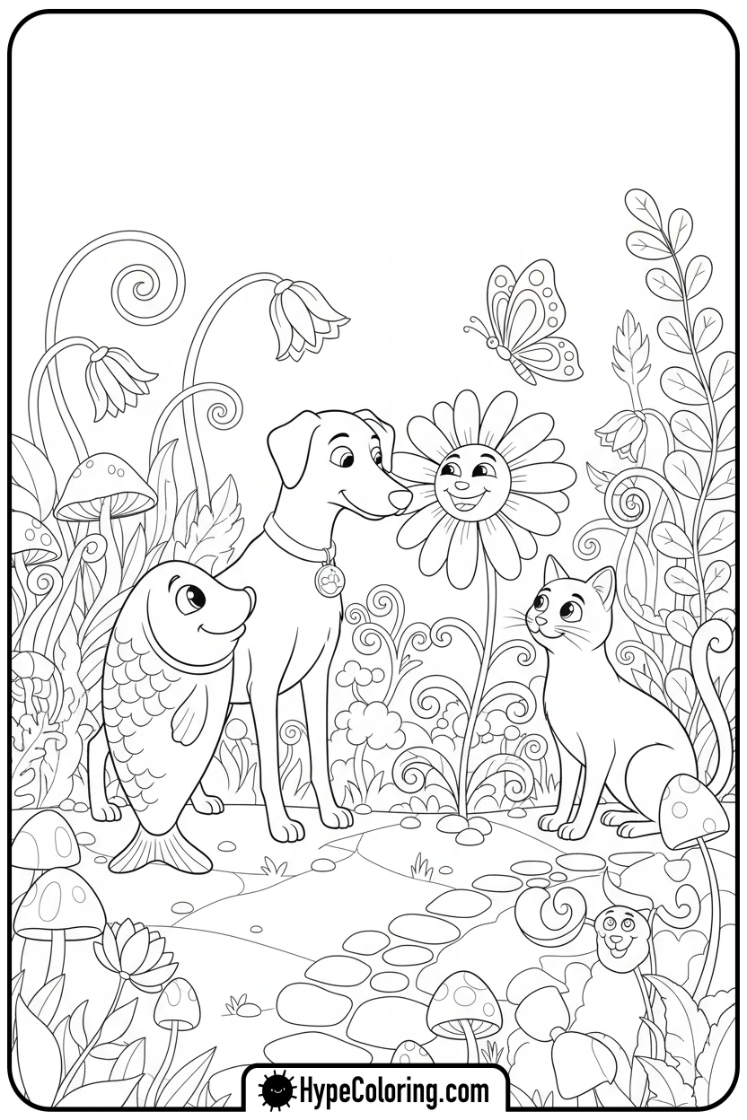 sardines-dog-cat-in-garden - Sardines Dog Cat Coloring Pages