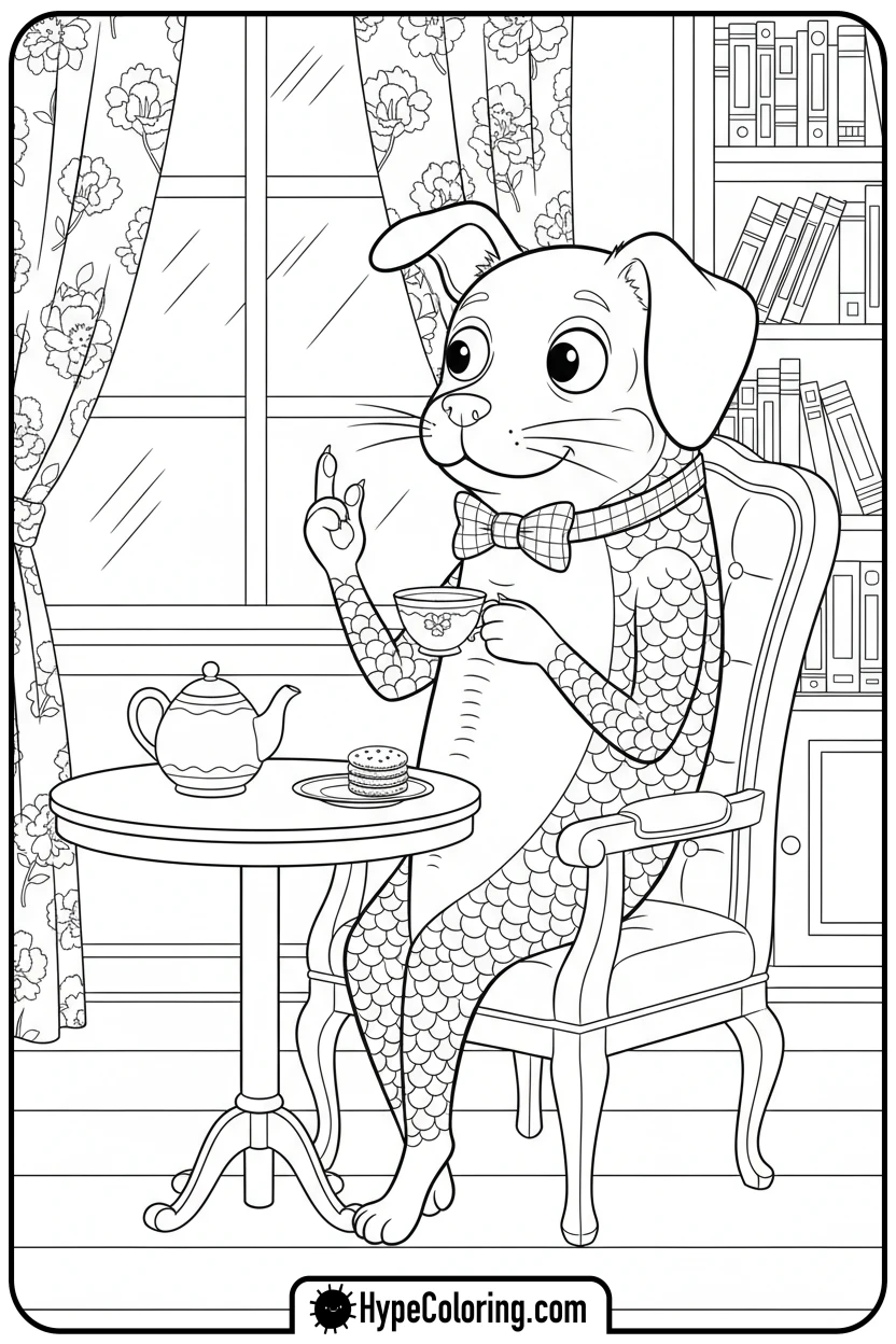 sardines-dog-cat-having-tea - Sardines Dog Cat Coloring Pages