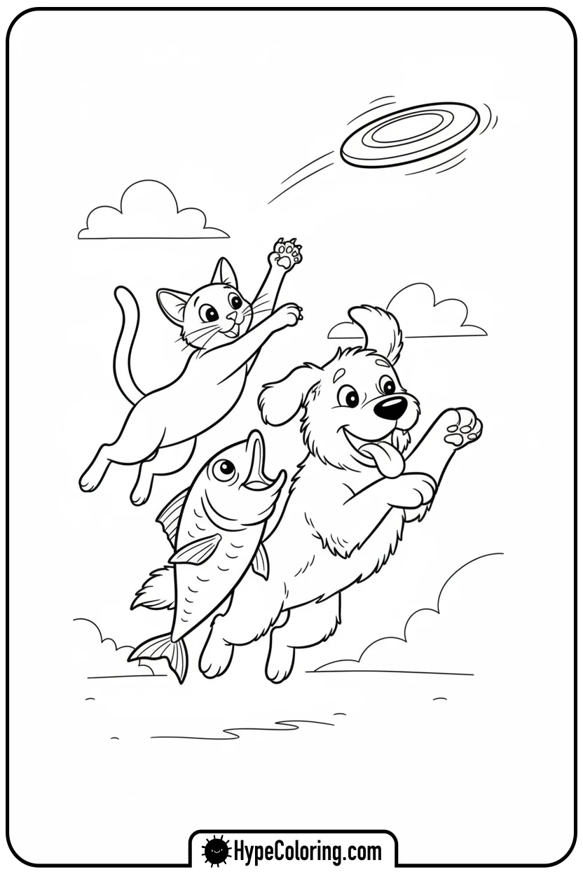 sardines-dog-cat-catching-frisbee - Sardines Dog Cat Coloring Pages