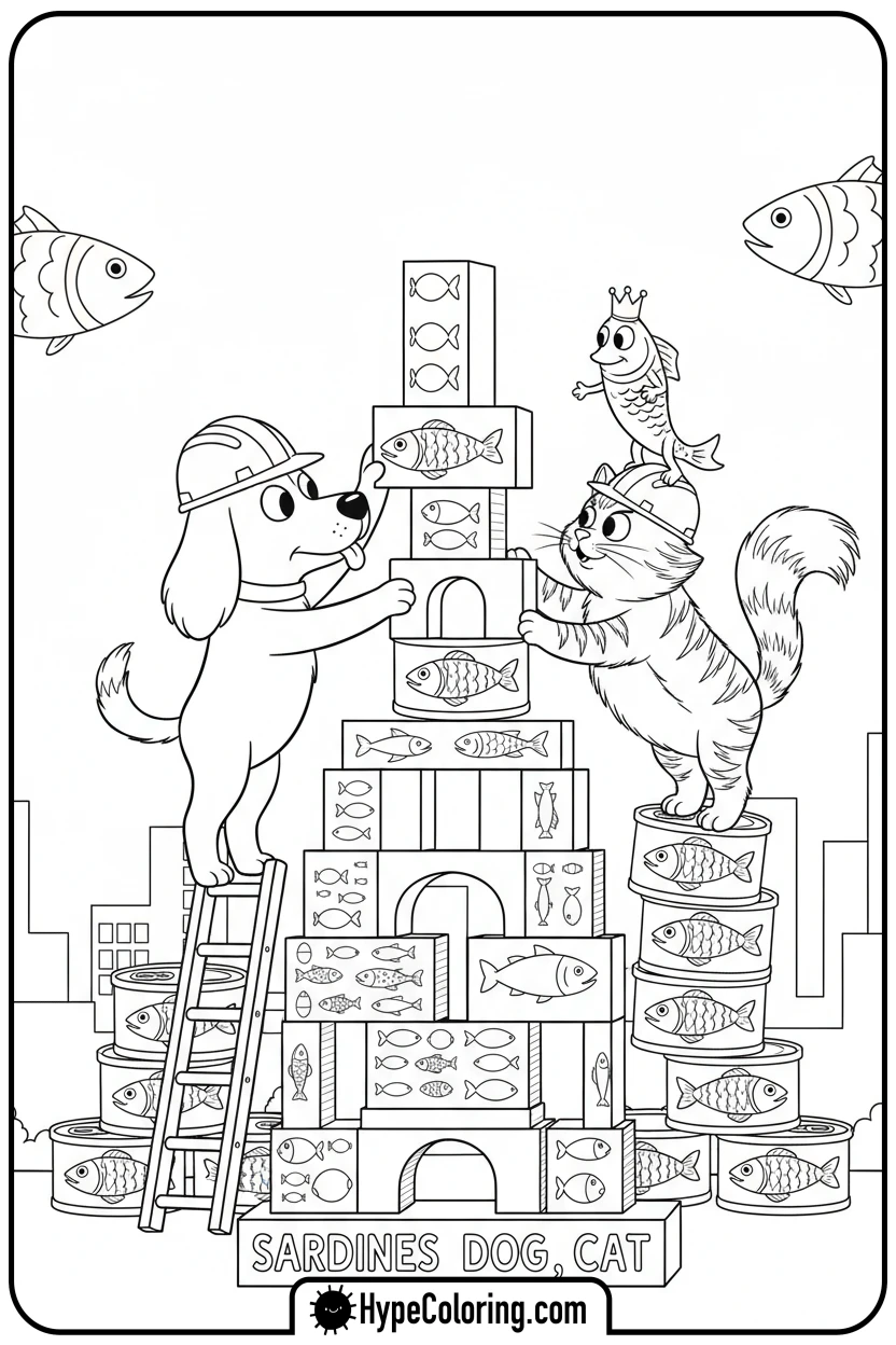 sardines-dog-cat-building-castle - Sardines Dog Cat Coloring Pages