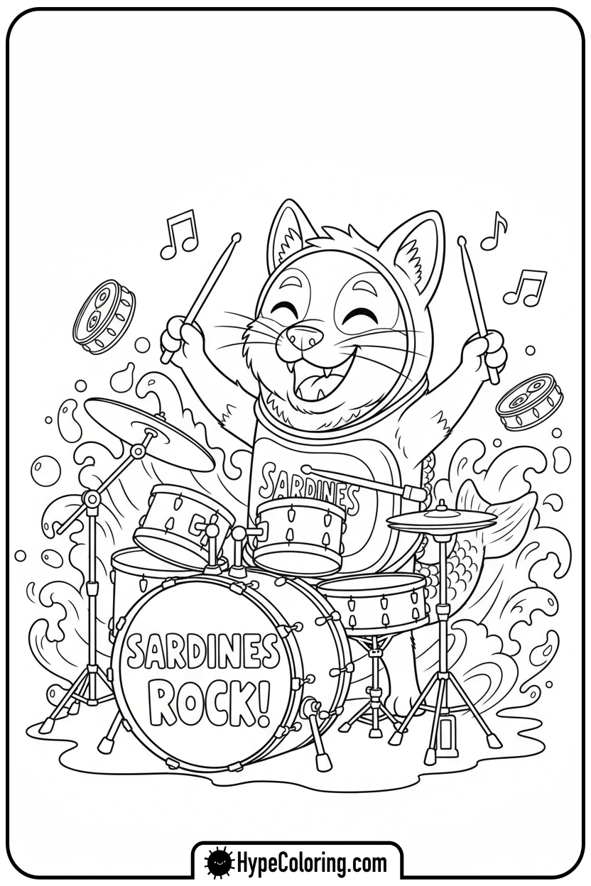sardines-dog-cat-playing-drums - Sardines Dog Cat Coloring Pages