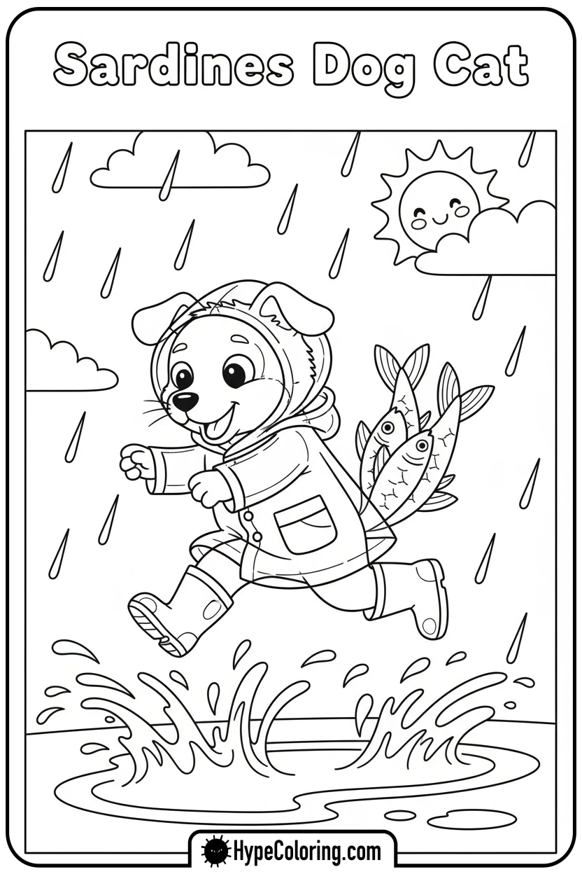 sardines-dog-cat-splashing-in-puddle - Sardines Dog Cat Coloring Pages