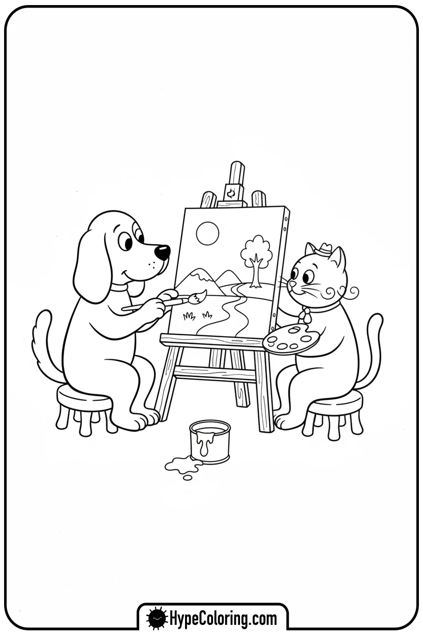 sardines-dog-cat-painting-a-picture - Sardines Dog Cat Coloring Pages