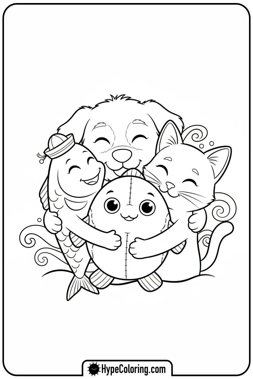 sardines-dog-cat-hugging-fish-toy - Sardines Dog Cat Coloring Pages
