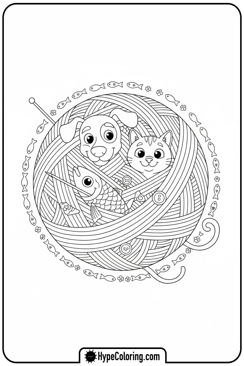 sardines-dog-cat-tangled-in-yarn - Sardines Dog Cat Coloring Pages