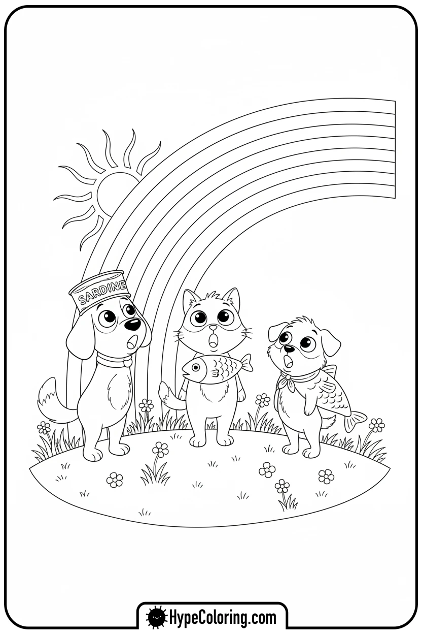 sardines-dog-cat-looking-at-rainbow - Sardines Dog Cat Coloring Pages