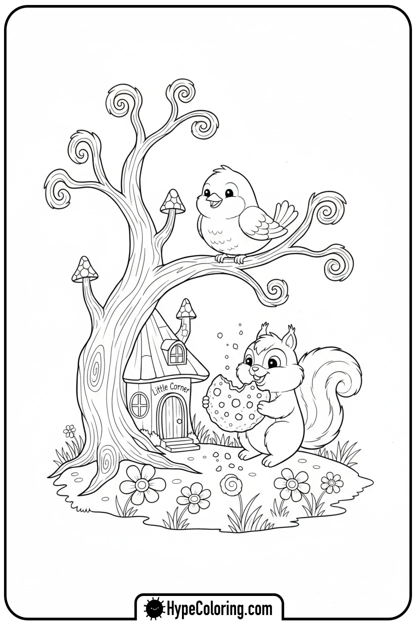 little-corner-sharing-cookie-with-bird - Little Corner coloring pages