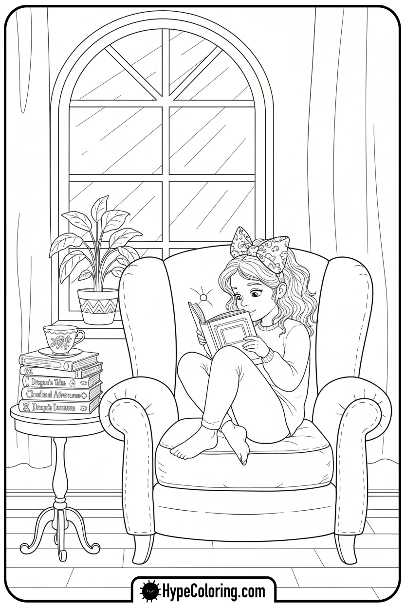 girl-reading-in-cozy-armchair - Little Girly Corner Coloring Pages