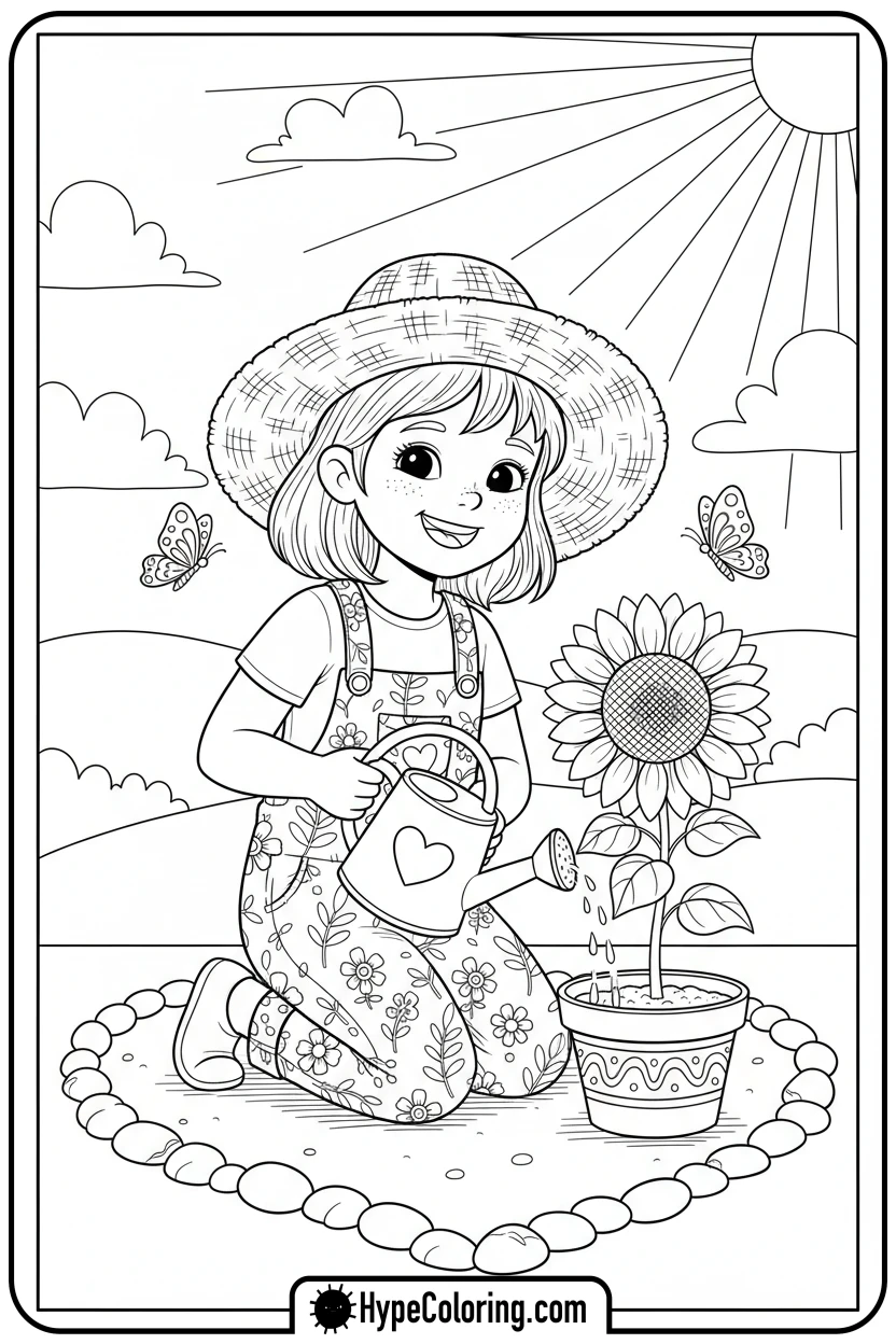 girl-watering-flowers-in-garden - Little Girly Corner Coloring Pages