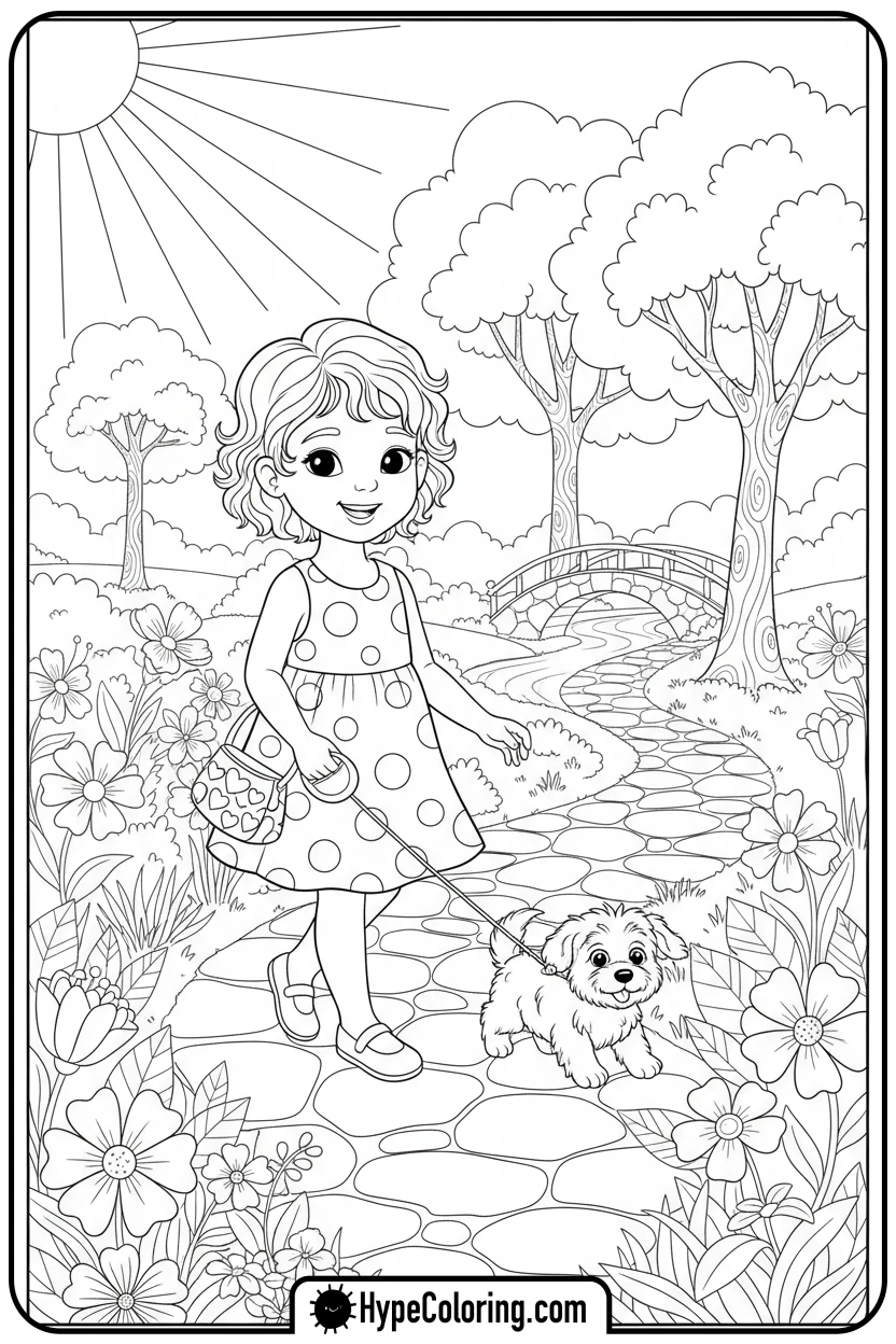girl-walking-puppy-in-park - Little Girly Corner Coloring Pages